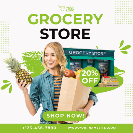 Groceries And Pineapple With Discount Instagram Design Template