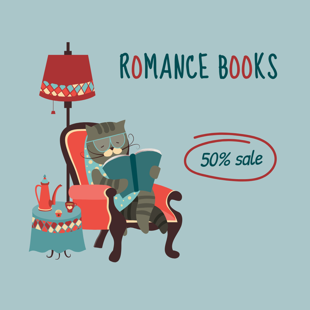 Cute Sale Announcement of Books with Cat Instagram Tasarım Şablonu