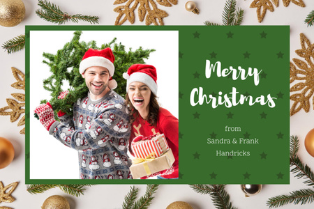 Christmas Cheers With Couple Carrying Fir Tree Postcard 4x6in Design Template