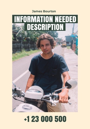 Announcement of Missing Young Guy on Motorcycle Poster 28x40in Design Template