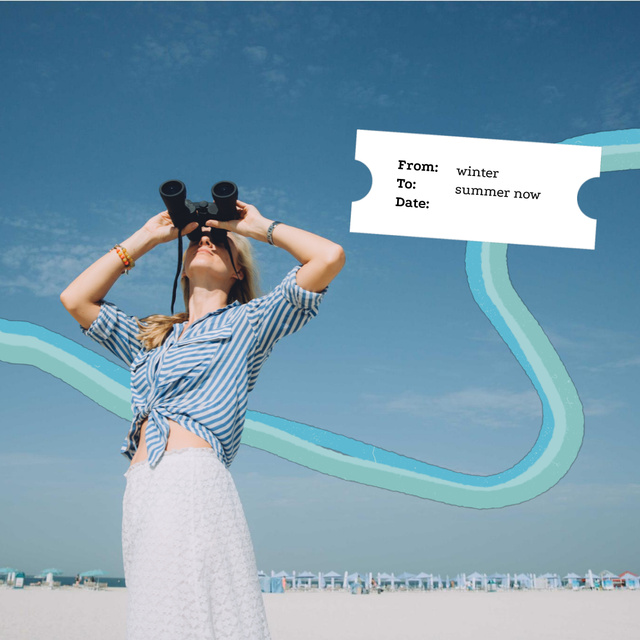 Stylish Girl on Beach with Binoculars Animated Post Πρότυπο σχεδίασης