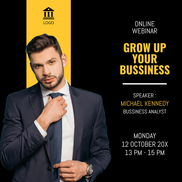 Business Growing Course Ad on Black and Yellow LinkedIn post – шаблон для дизайну