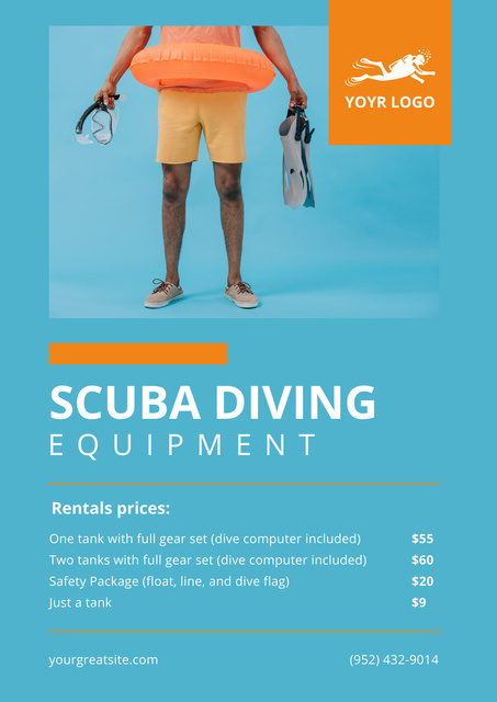 Scuba Diving Equipment Sale Ad Layout Poster Modelo de Design