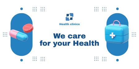 Egészségügyi szolgáltatások tablettákkal és elsősegély-készlettel Twitter tervezősablon