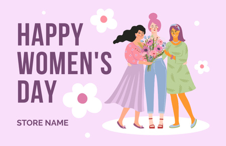 Women's Day Greeting with Cute Women with Flowers Bouquet Thank You Card 5.5x8.5in Design Template