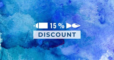 Discount Offer with Stains of Blue Watercolor Facebook AD Modelo de Design