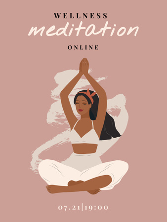 Plantilla de diseño de Anuncio de meditación en línea con mujer en postura de loto Poster US 