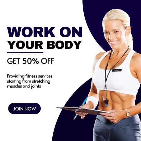 Szablon projektu Reklama siłowni z uśmiechniętą kobietą trenerką fitness Instagram