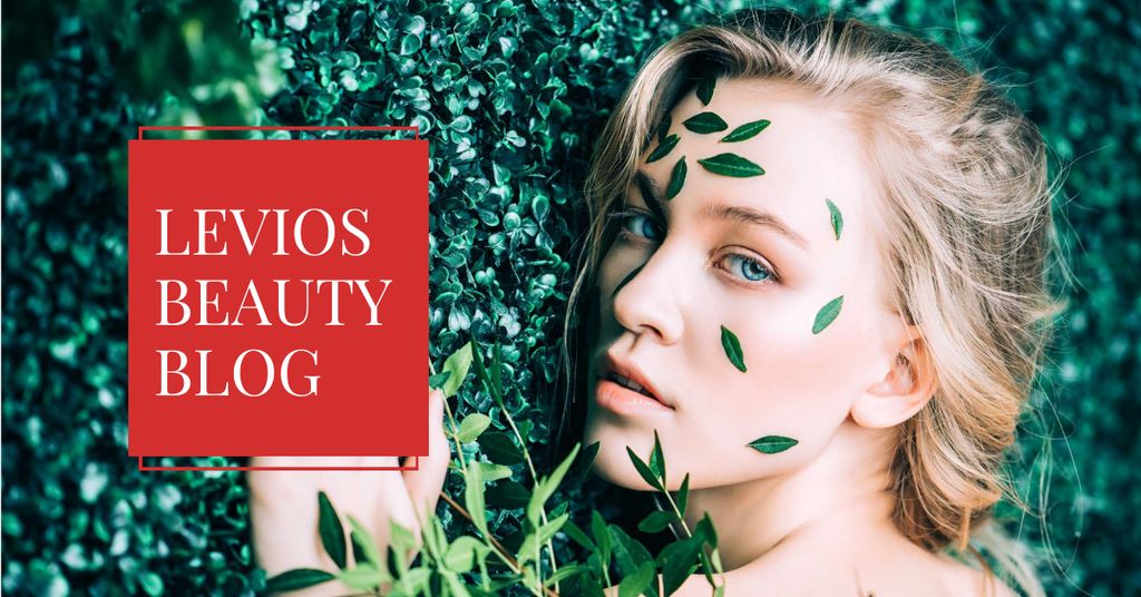 Beauty Blog with Woman in Green Leaves Facebook AD Modelo de Design