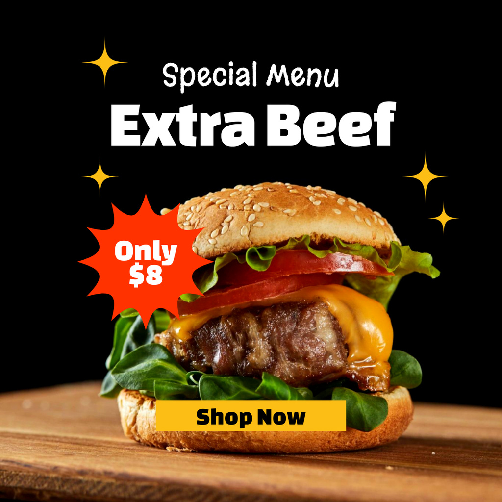Extra Beef Burger Special Menu Offer in Black Instagram tervezősablon