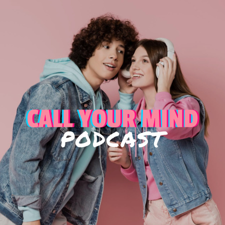 Podcast Announcement with Cute Teenagers Podcast Cover Design Template