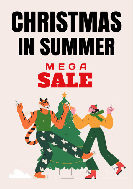 Summer Christmas Sale Announcement with Young Girl and Tiger  Flyer A7 Tasarım Şablonu