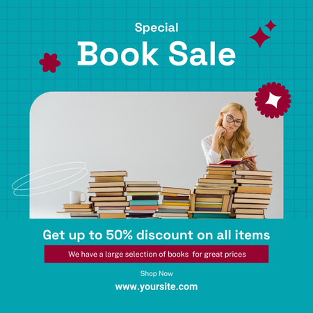 Book Special Sale Ad with Аttractive Blonde on Blue Instagram Design Template