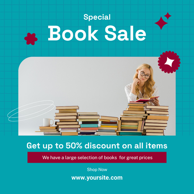 Book Special Sale Ad with Аttractive Blonde on Blue Instagram tervezősablon