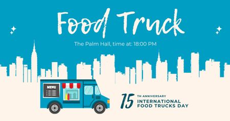 Platilla de diseño Illustration of Food Truck on City Silhouette Facebook AD