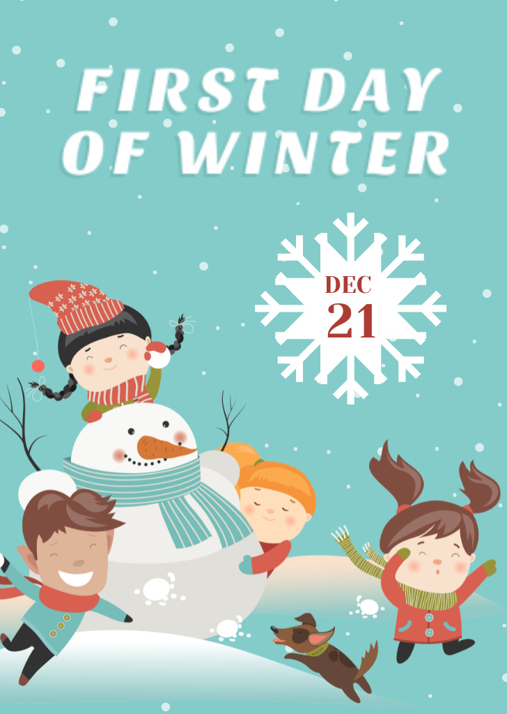 Plantilla de diseño de First Day Of Winter With Kids And Snowman Postcard A6 Vertical 
