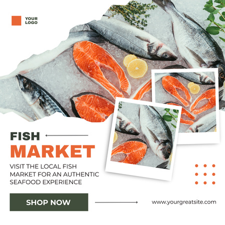 Plantilla de diseño de Anuncio del mercado de pescado con salmón fresco Instagram 