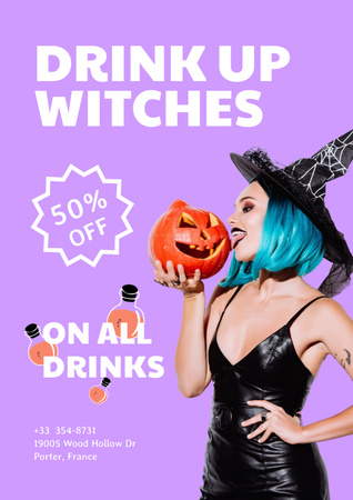 Halloween Party Announcement with Woman in Witch Costume Poster A3 Design Template