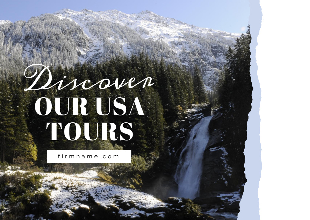 Szablon projektu Offer of USA Travel Tours With Snowy Mountains View Postcard