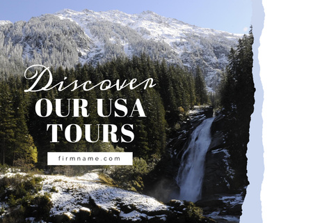 Offer of USA Travel Tours With Snowy Mountains View Postcard Design Template