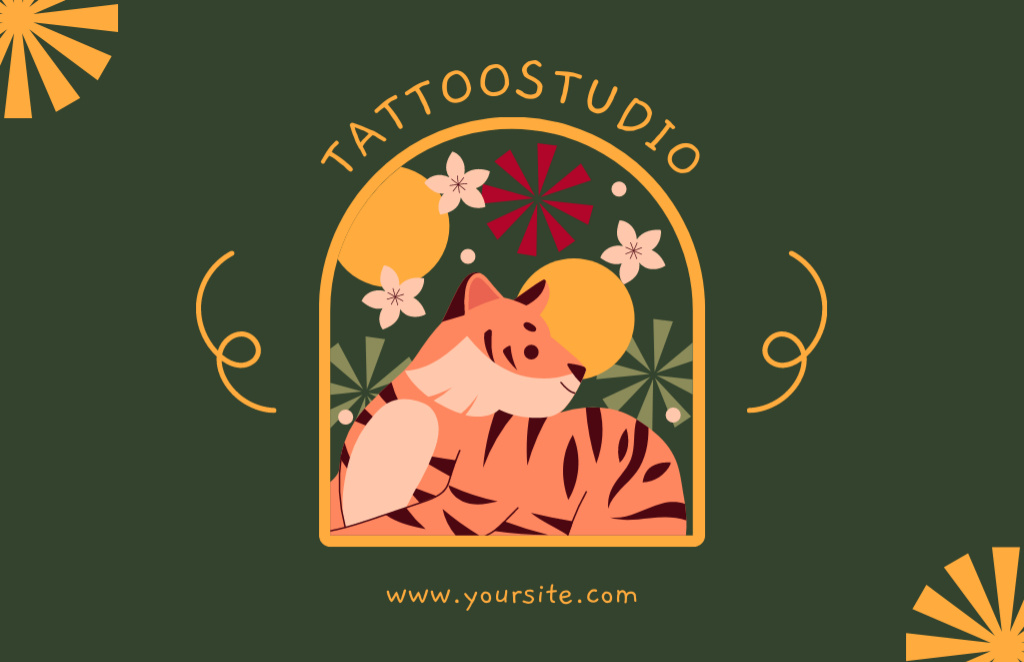 Designvorlage Creative Tattoos Studio With Tiger In Florals für Business Card 85x55mm