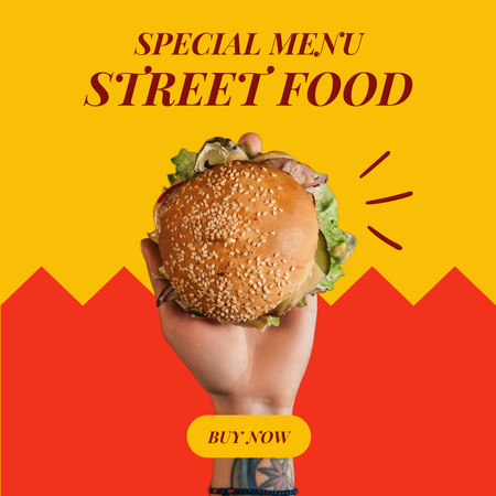 Ontwerpsjabloon van Instagram van Speciaal menu van straatvoedsel met hamburger op oranje achtergrond