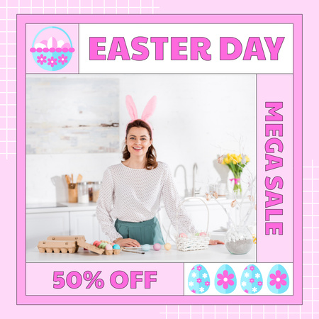 Easter Promo with Smiling Woman with Bunny Ears Instagram Design Template
