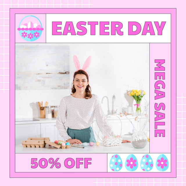 Plantilla de diseño de Easter Promo with Smiling Woman with Bunny Ears Instagram 