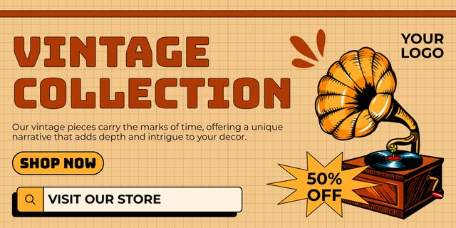 Bygone Age Gramophone And Collection With Discounts Offer Twitter Design Template