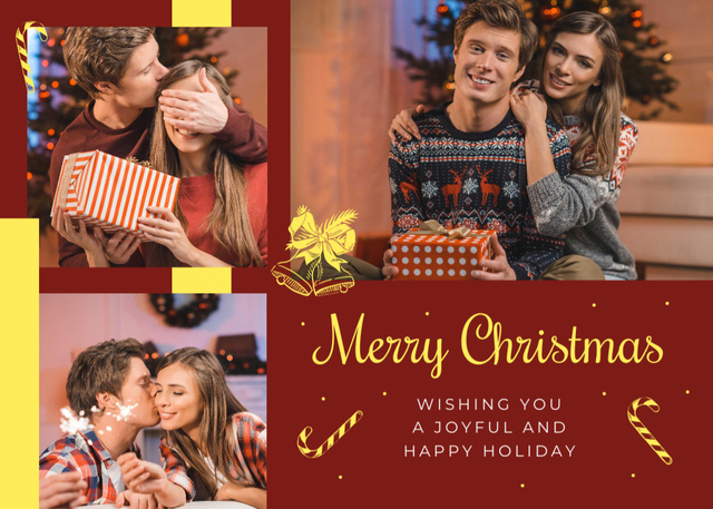 Plantilla de diseño de Christmas Wishes with Couples With Presents Postcard 5x7in 
