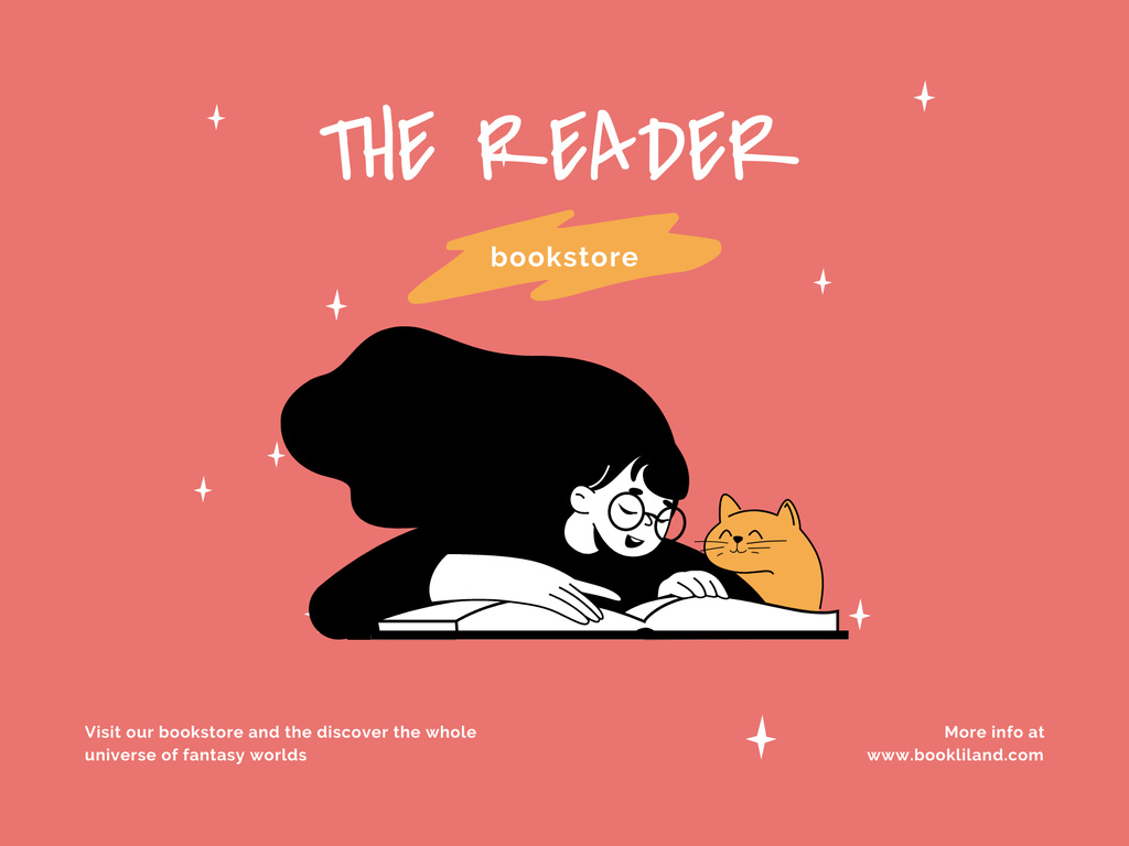 Girl reading Books with Cute Orange Cat Poster 18x24in Horizontal Πρότυπο σχεδίασης