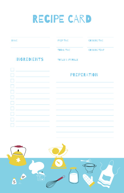 Dish Ingredients on Blue Tablecloth Recipe Card Tasarım Şablonu