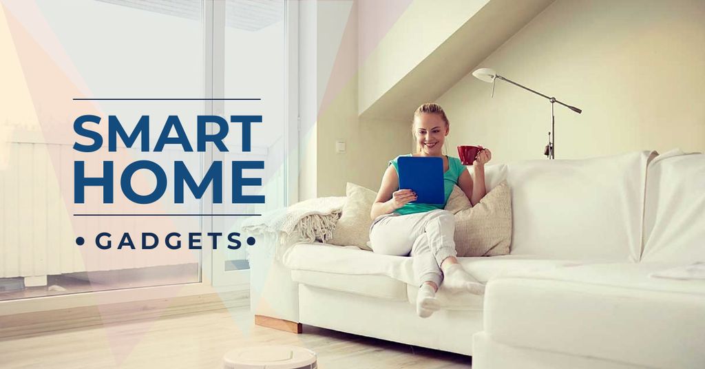 Plantilla de diseño de Smart home gadgets with Woman sitting on the sofa Facebook AD 