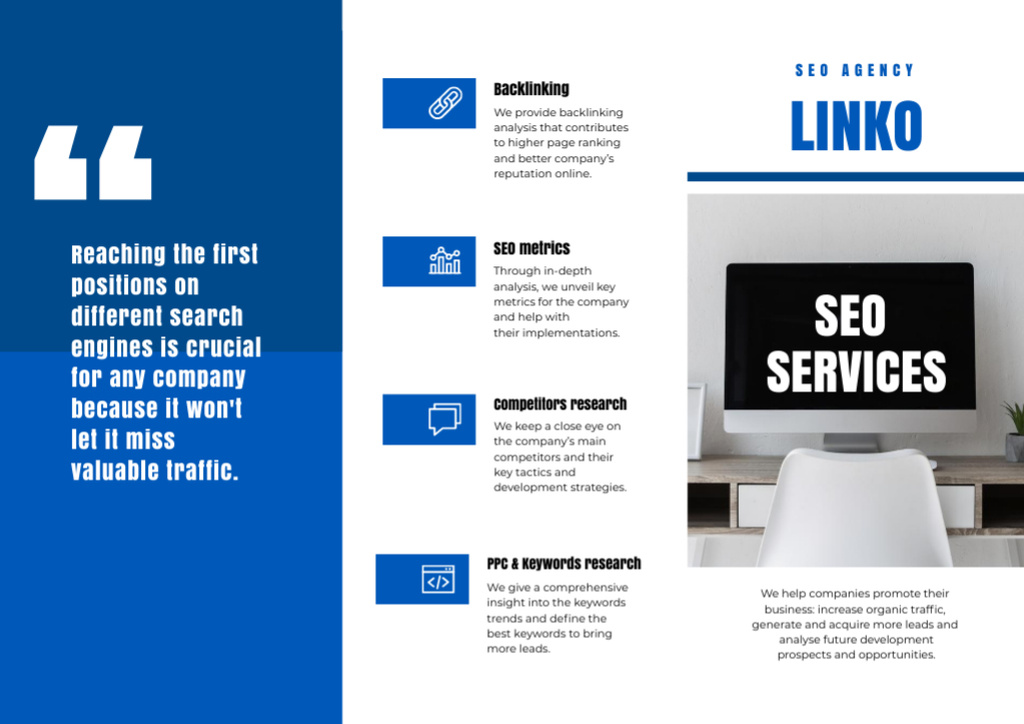 SEO Services Ad on Monitor Screen in Blue Brochure Din Large Z-fold Πρότυπο σχεδίασης