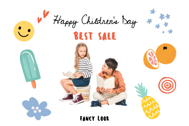 Ontwerpsjabloon van Postcard 4x6in van Children's Day with Cheerful Boy and Girl Reading Books