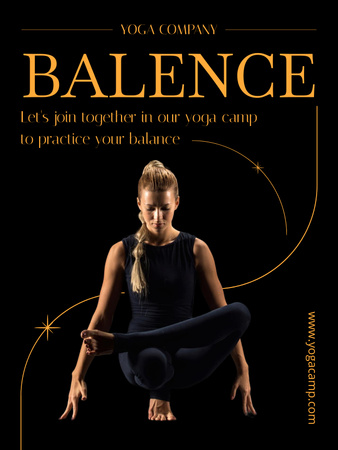 Designvorlage Yoga-Werbung mit einer Frau, die entspannende Übungen macht für Poster US
