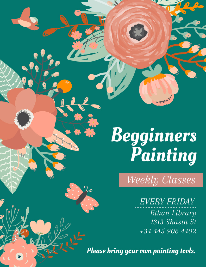 Painting Classes Ad with Tender Flowers Drawing in Green Poster 8.5x11in Design Template