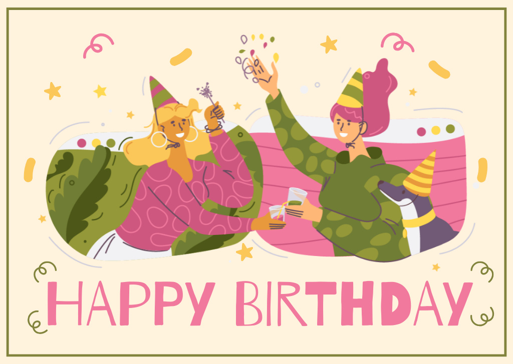 Birthday with Cheerful Women and Dog Card Πρότυπο σχεδίασης