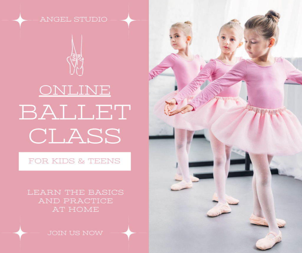 Online Ballet Class Announcement with Little Girls Facebookデザインテンプレート