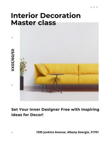 Sisustuksen mestarikurssiilmoitus keltaisella sohvalla Poster 22x28in Design Template