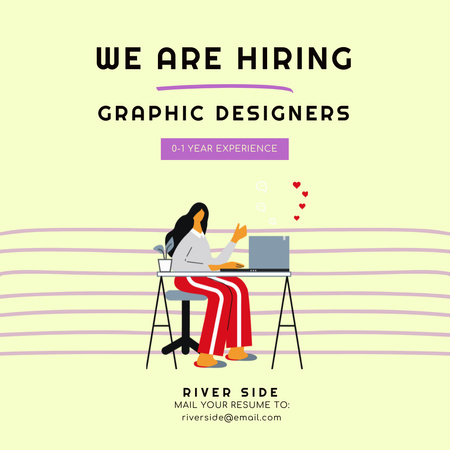 Graphic Designer Vacancy Ad with Woman at Laptop Instagram Design Template
