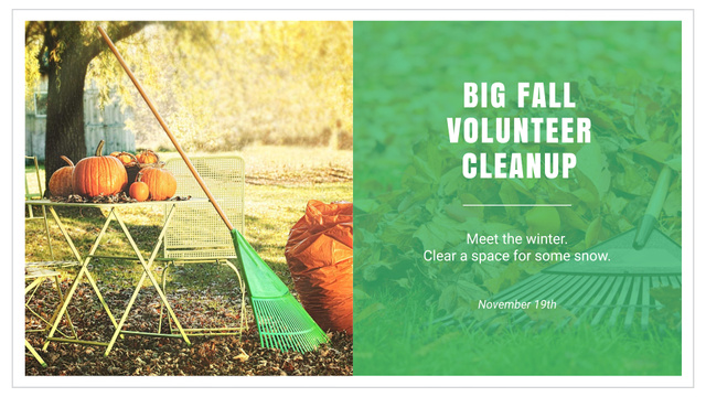 Rake and Garbage Bag in Garden for Cleanup FB event cover Design Template