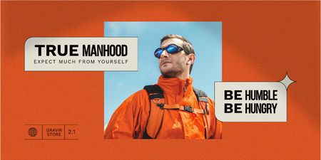 Manhood Inspiration with Man in Hiking Sportswear Twitter Design Template