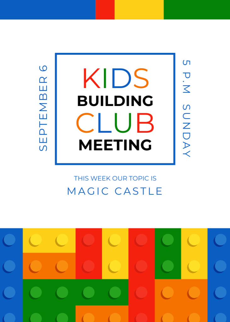 Designvorlage Kids Building Club Meeting with Bright Constructor Bricks für Postcard 5x7in Vertical