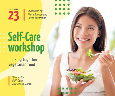 Szablon projektu Miesiąc świadomości samoopieki Kobieta jedzenie zdrowego posiłku Facebook