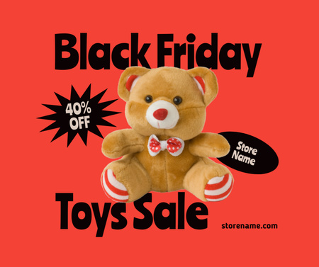 Black Friday toys sale ad with plush bear Facebookデザインテンプレート