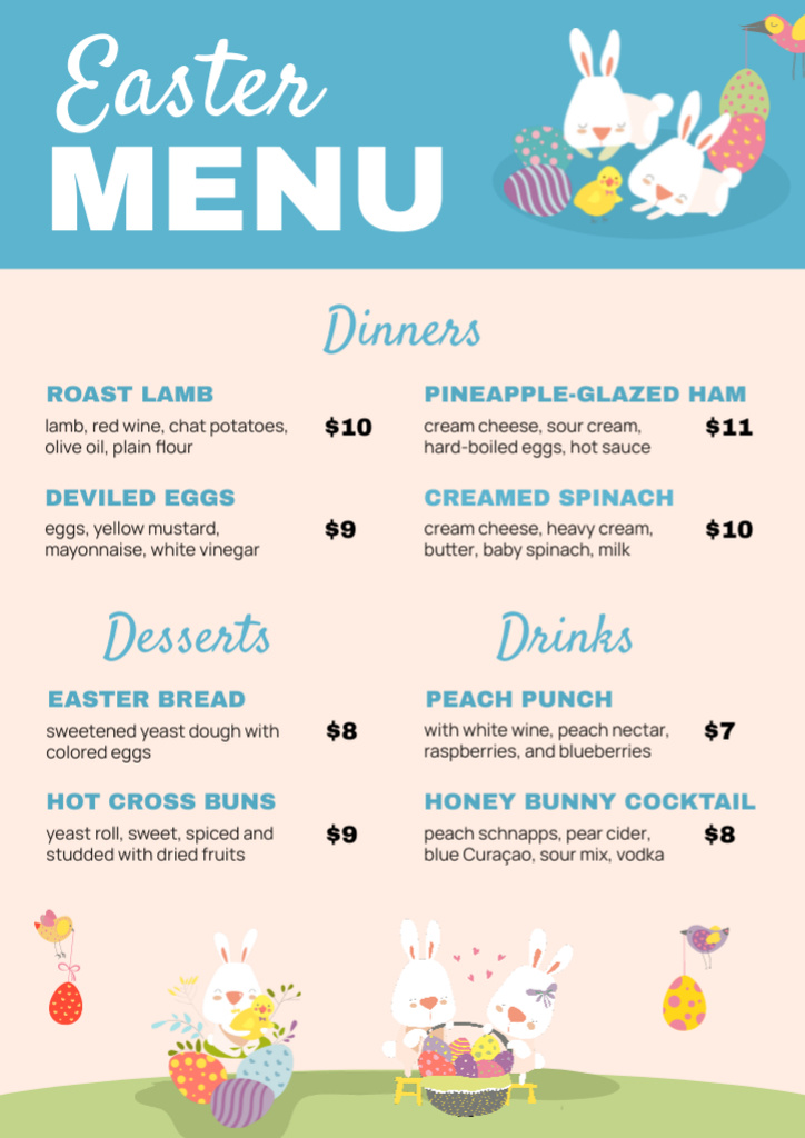 Easter Meals Offer with Cute Bunnies Menu Design Template