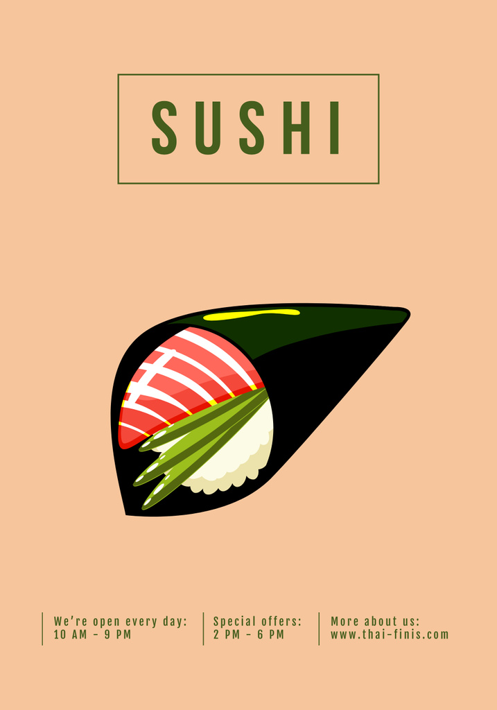 Modèle de visuel Asian Cuisine Cafe Ad with Sushi Illustration In Beige - Poster 28x40in