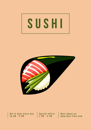Designvorlage Asian Cuisine Cafe Ad with Sushi Illustration In Beige für Poster 28x40in