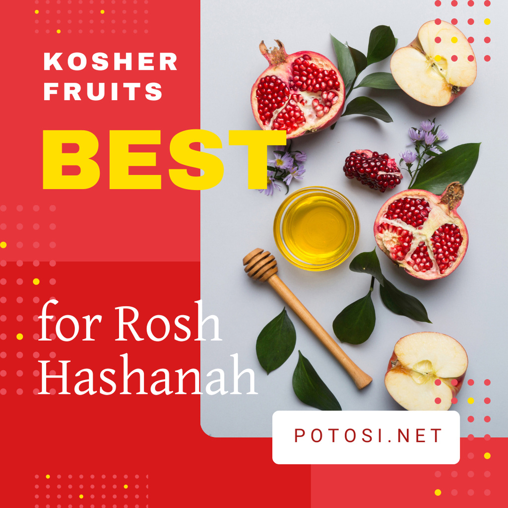 Rosh Hashanah Greeting with Apples and Pomegranate Instagram Design Template